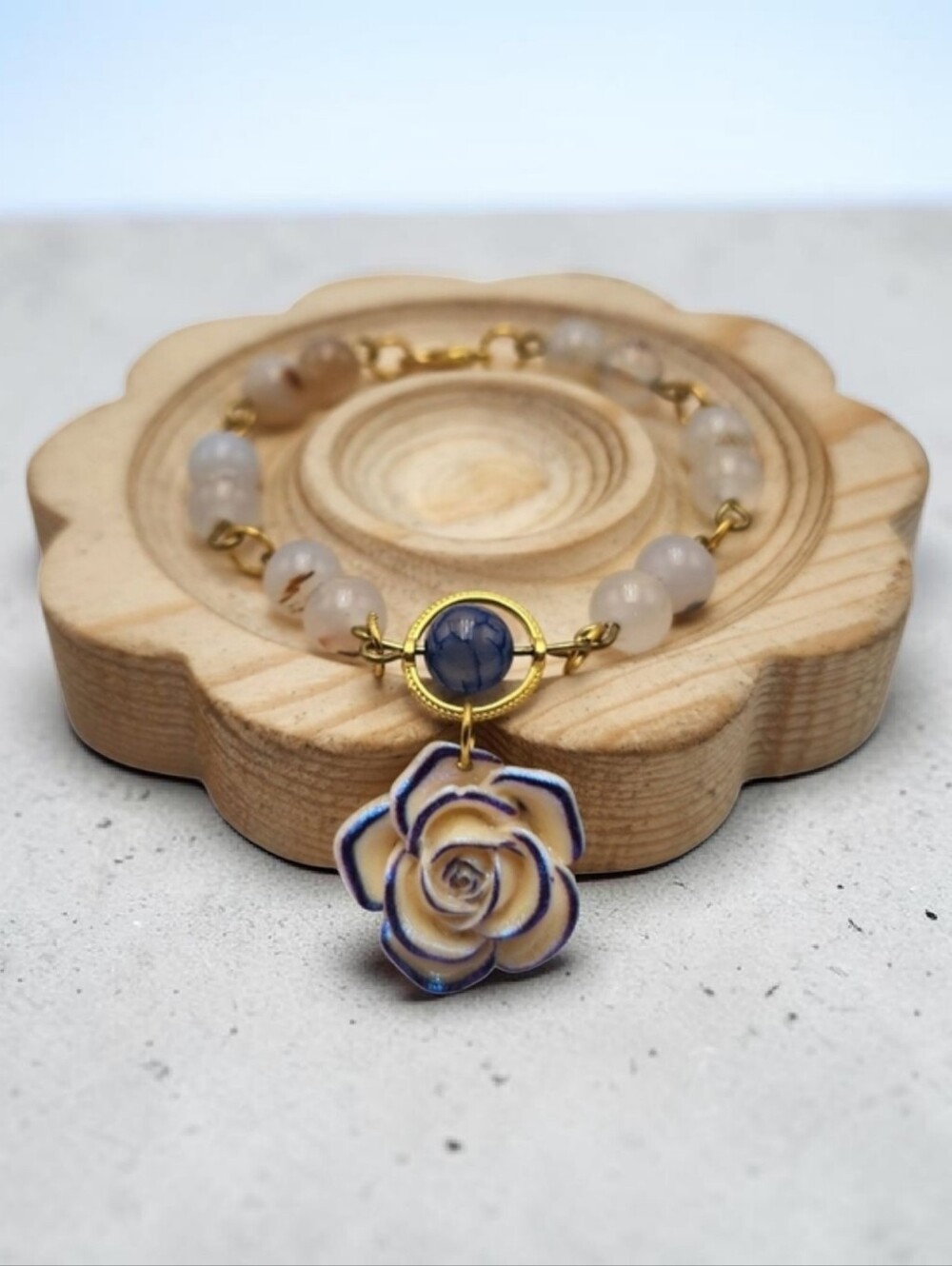 Handmade Elegant Milky White Beads and Blue Rose Bracelet